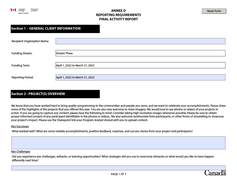 Sample Interim Reporting Requirements for Stream 3. Page 1/7 of fillable PDF Form