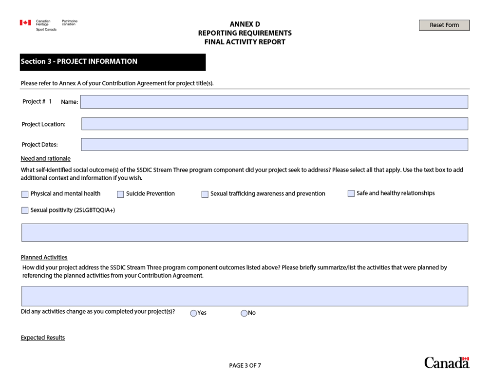 Sample Interim Reporting Requirements for Stream 3. Page 3/7 of fillable PDF Form