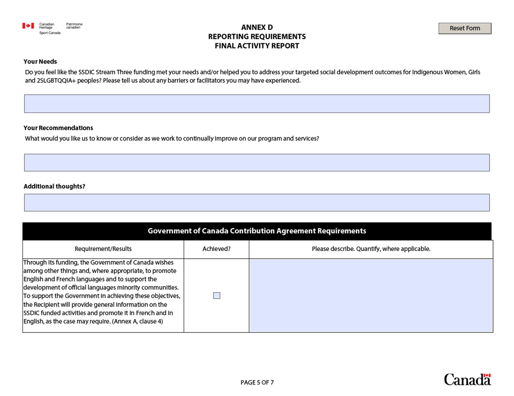 Sample Interim Reporting Requirements for Stream 3. Page 5/7 of fillable PDF Form