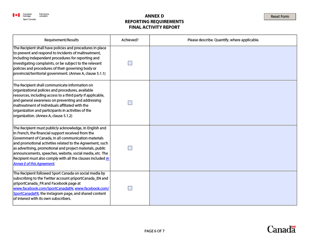 Sample Interim Reporting Requirements for Stream 3. Page 6/7 of fillable PDF Form