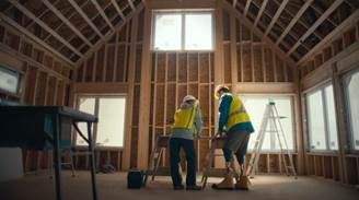 A construction worker with a disability and his employer stand over a worktable, discussing a construction project at a work site