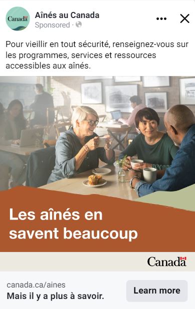 Une publication Facebook d'Aînés au Canada montrant des aînés dans un café. La version textuelle suit.