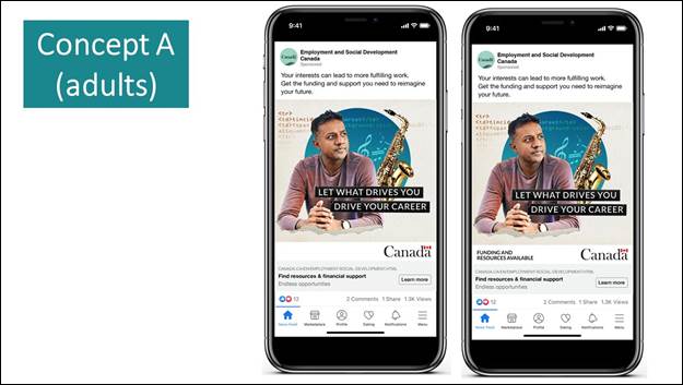 Slide 1: We see two screen shots of a phone. Both are social media posts of Employment and Social Development Canada. The caption reads "Your interests can lead to more fulfilling work. Get funding and support you need to reimagine your future." The image shows a person sitting and in the background a saxophone, some musical notes and some lines of code. The text on the image is "Let what drives you drive your career". In the bottom of the post, the image on the right shows "Funding and Resources Available", the image on the left doesn't. The link is shown in the very bottom of each post with the text "Find resources & financial support."