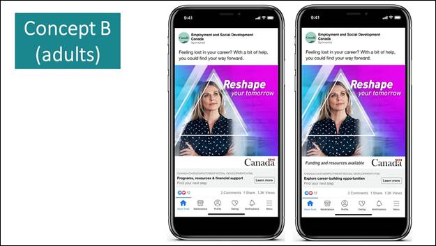 Slide 3: We see two screen shots of a phone. Both are social media posts of Employment and Social Development Canada. The caption reads "Feeling lost in your career? With a bit of help, you could find your way forward" The image shows a person standing next to the text "Reshape your tomorrow". In the bottom of the post, the image on the right shows "Funding and resources available", the link showing in the very bottom with the text "Explore career-building opportunities". The other image doesn't show any text and at the very bottom, the link showing with the text "Programs, resources & financial support"