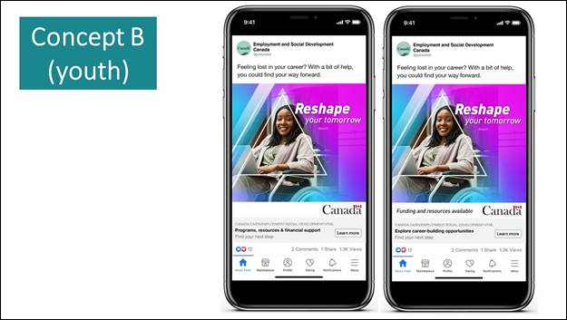 Slide 4: We see two screen shots of a phone. Both are social media posts of Employment and Social Development Canada. The caption reads "Feeling lost in your career? With a bit of help, you could find your way forward" The image shows a person sitting, working on their laptop and smiling, next to the text "Reshape your tomorrow". In the bottom of the post, the image on the right shows "Funding and resources available", the link showing in the very bottom with the text "Explore career-building opportunities". The image on the left doesn't show any text and at the very bottom, the link showing with the text "Programs, resources & financial support"