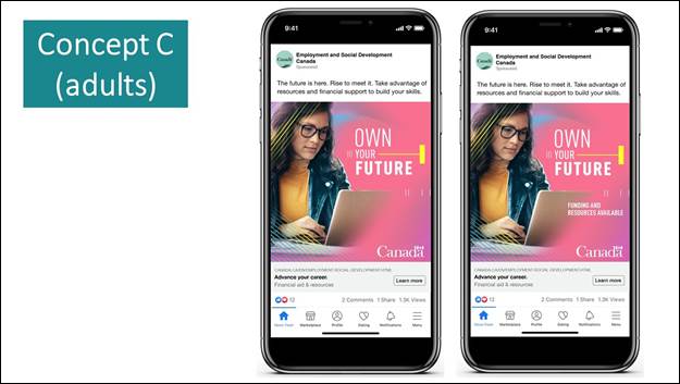 Slide 5: We see two screen shots of a phone. Both are social media posts of Employment and Social Development Canada. The caption reads "The future is here. Rise to meet it. Take advantage of resources and financial support to build your skills" The image shows a person working on their laptop next to the text "Own your Future". The image on the right shows "Funding and resources available" next to the laptop and the image on the left doesn't show any text. At the very bottom of both posts, the link is shown with the text "Advance your career."