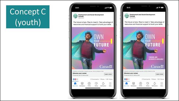 Slide 6: We see two screen shots of a phone. Both are social media posts of Employment and Social Development Canada. The caption reads "The future is here. Rise to meet it. Take advantage of resources and financial support to build your skills" The image shows a person standing and smiling next to the text "Own your Future". The image on the right shows "Funding and resources available" next to the person and the image on the left doesn't show any text. At the very bottom of both posts, the link is shown with the text "Advance your career."