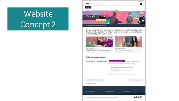 Slide 9: Website concept two. The slide shows a screenshot of a page of the government website. At the top we see an image with three people next to the text "Own your future".