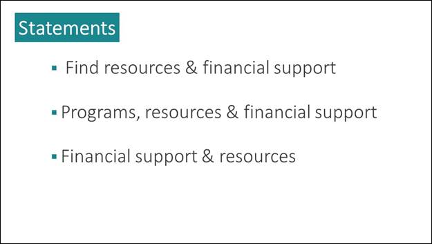 Slide 10: The slide shows three statements. Find resources & financial support. Programs, resources & financial support. Financial support & resources.