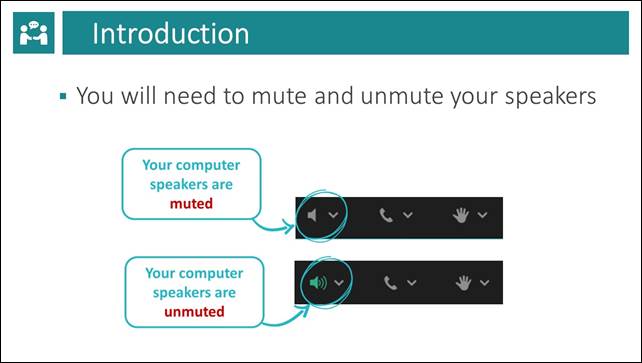 Slide 2: Introduction. You will need to mute and unmute your speakers. An image shows the speaker icon when it is muted and an image shows the speaker icon when it is unmuted.