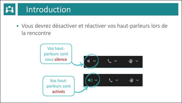 Diapositive 2 : Introduction. Vous devrez dsactiver et ractiver vos haut-parleurs lors de la rencontre. Un diagramme montre l'image du haut-parleur lorsqu'il est sous silence. Un autre diagramme montre l'image du haut-parleur lorsqu'il est activ.