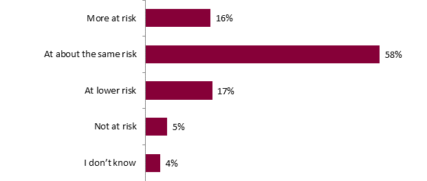 This graph shows how communities compare to others in terms of climate change impacts. The breakdown is as follows:
More at risk: 16%;
At about the same risk: 58%;
At lower risk: 17%;
Not at risk: 5%;
I dont know: 4%.
