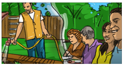 A picture of a man watering a garden, along with several other people
