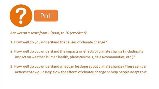 White question-mark in orange circle indicates a poll.  The prompt is given in orange text, Answer on a scale from 1 (poor) to 10 (excellent). Three statements are asked using the 10-point scale: 1. How well do you understand the causes of climate change?, 2. How well do you understand the impacts or effects of climate change (including its impact on weather, human health, plants/cities/communities, etc.)?, and 3. How well do you understand what can be done about climate change? These can be actions that would help slow the effects of climate change or help people adapt to it.