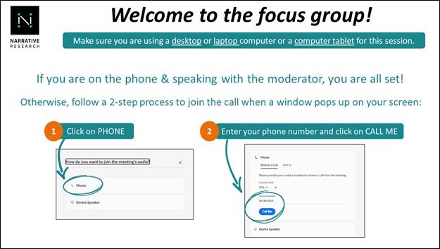 Slide 1: Welcome to the focus group! Make sure you are using a desktop or laptop computer or a computer tablet for this session. If you are on the phone & speaking with the moderator, you are all set! Otherwise, follow a 2-step process to join the call when a window pops up on your screen. Click on phone then enter your phone number and click on call me. 