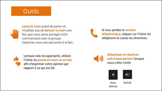 Diapositive 3: Outils. Levez la main avant de parler et n'oubliez pas de baisser la main une fois que vous aurez partage votre commentaire avec un groupe. Exprimez-vous une personne a la fois. Si vous perdez le contact tlphonique, cliquez sur l'icne du tlphone et suivez les directives. Lorsque cela est appropri, utilisez l'icne du pouce en haut ou en bas afin d'exprimer votre opinion par rapport  ce qui est dit. Dsactiver et ractiver votre haut-parleur lorsque vous y tes invit. 