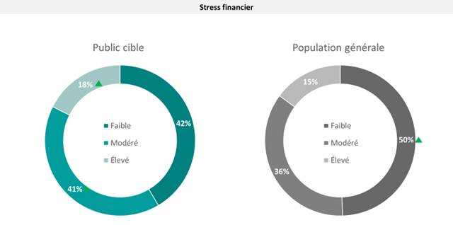 Ce tableau montre les pourcentages des répondants des deux groups qui vivent un niveau de stress financier faible, modéré ou élevé.