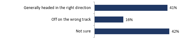 Generally headed in the right direction: 41%;
Off on the wrong track: 16%;
Not sure: 42%.
