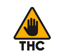 Image 10: A variation of Image 4. An orange triangle with a black hand. The block letters ‘THC’ are shown under the triangle in black font. 