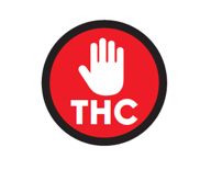 Image 2: A red circle with a white hand above the block letters ‘THC’ in white font.
