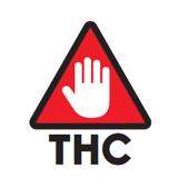 Image 4: A red triangle with a white hand. The block letters ‘THC’ are shown under the triangle in black font.