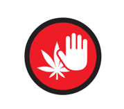 Image 1 : Un cercle rouge avec une main blanche devant une feuille de cannabis blanche.