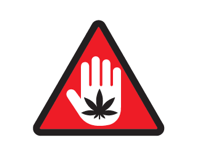 Image 3 : Un triangle rouge avec une feuille de cannabis noire devant une main blanche.