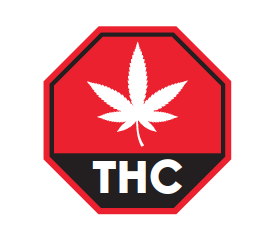 Image 7 : Un octogone dont les deux tiers supérieurs sont en rouge et le tiers inférieur est en noir. Une feuille de cannabis blanche apparaît sur la partie rouge. Les lettres « THC » en caractères d’imprimerie blancs apparaissent sur la partie noire.