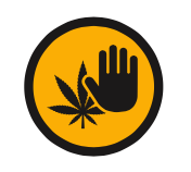 Image 8 : Une variante de l’image 1. Un cercle orange avec une main noire devant une feuille de cannabis noire. 
