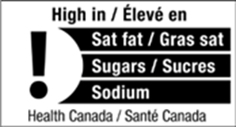 Title: Example of FOP nutrition symbol with Health Canada attribution - Description: This figure shows a bilingual front-of-package (FOP) nutrition symbol design with an exclamation point. Sat fat, sugars, and sodium are listed, and there is a Health Canada attribution.