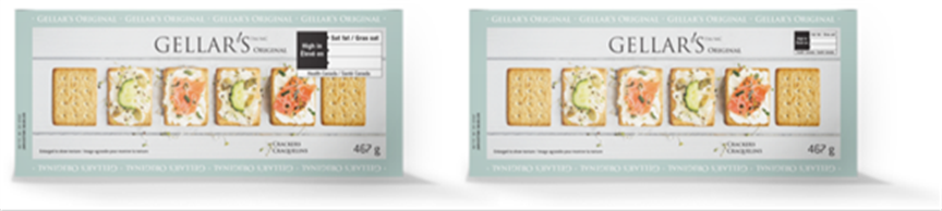 Title: Examples of cracker packages (proposed and alternate FOP size) - Description: This figure shows the front panel of two Gellar's cracker boxes, side-by-side. Both crackers box have the black rectangle FOP nutrition symbol with the Health Canada attribution indicating that the product is high in saturated fat. The box of crackers on the left has a large-sized FOP nutrition symbol and the box on the right has a small-sized one. 