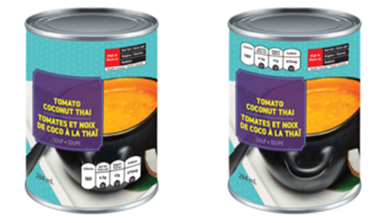 Title: Examples of soup packages (proposed and alternate placement of other nutrition information) - Description: This figure shows the front panel of two Tomato Coconut Thai cans of soup, side-by-side. The two soups have the red rectangle FOP nutrition symbol with the Health Canada attribution indicating that the product is high in saturated fat, sugars and sodium. The can of soup on the left has numeric nutrition information in the bottom right corner of the label, indicating that the product contains 180 calories, 4.5 g of saturated fat, 17 g of sugars and 620 mg of sodium. The can of soup on the right has numeric nutrition information in the top left corner (on the left of the FOP nutrition symbol), indicating that the product contains 180 calories, 4.5 g of saturated fat, 17 g of sugars and 620 mg of sodium. 