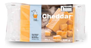 Title: Examples of cheese - Description: There is an image of the front panel of a packaged block of cheddar cheese with the exclamation point FOP nutrition symbol with the Health Canada attribution indicating that the product is high in saturated fat.