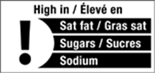 Title: FOP Bilingual Exclamation Point without Attribution - Description: This figure shows a bilingual front-of-package (FOP) nutrition symbol design with an exclamation point. Sat fat, sugars, and sodium are listed in the symbol.