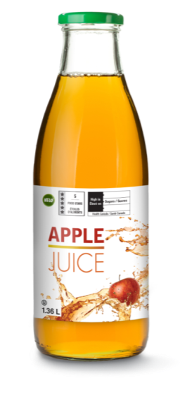 There is an image of the front panel of a glass bottle of juice called Apple Juice with a picture of juice and an apple. At the top of the label, towards the left, is a box indicating 5 food stars. To its right is the black rectangle FOP nutrition symbol with the Health Canada attribution indicating that the product is high in sugars. 