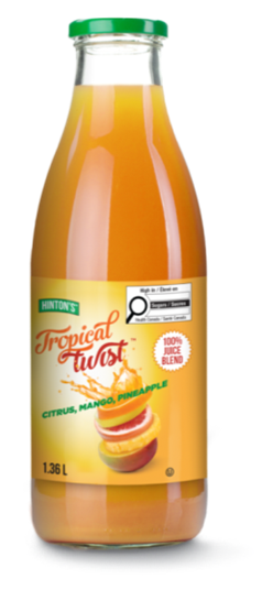 There is an image of the front panel of a glass bottle of juice called Tropical Twist with a picture of multiple slices of citrus fruit stacked on top of each other in the middle of the label. Right justified at the top of the label is the magnifying glass nutrition symbol with the Health Canada attribution indicating that this product is high in sugars. Below it is the claim 100% juice blend 