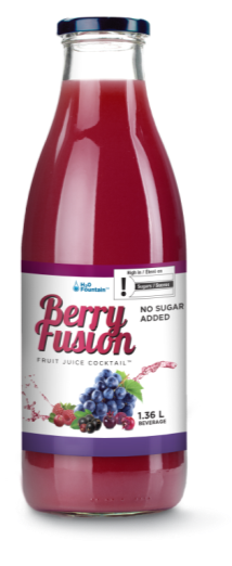There is an image of the front panel of a glass bottle of juice cocktail called Berry Fusion with a picture of mixed berries at the bottom of the label. Right justified at the top of the label is the exclamation point nutrition symbol without the Health Canada attribution indicating that this product is high in sugars. Below it is the claim no sugar added.