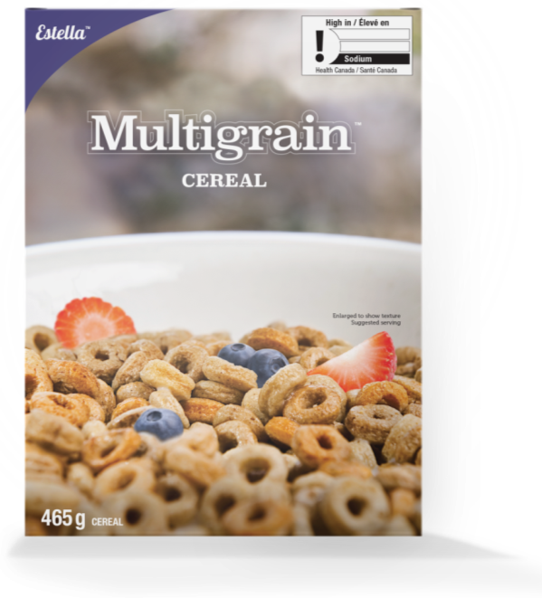 There is an image of the front panel of a cereal box called Mutigrain Cereal. In the top right corner is the exclamation point nutrition symbol with the Health Canada attribution indicating that the product is high in sodium. 