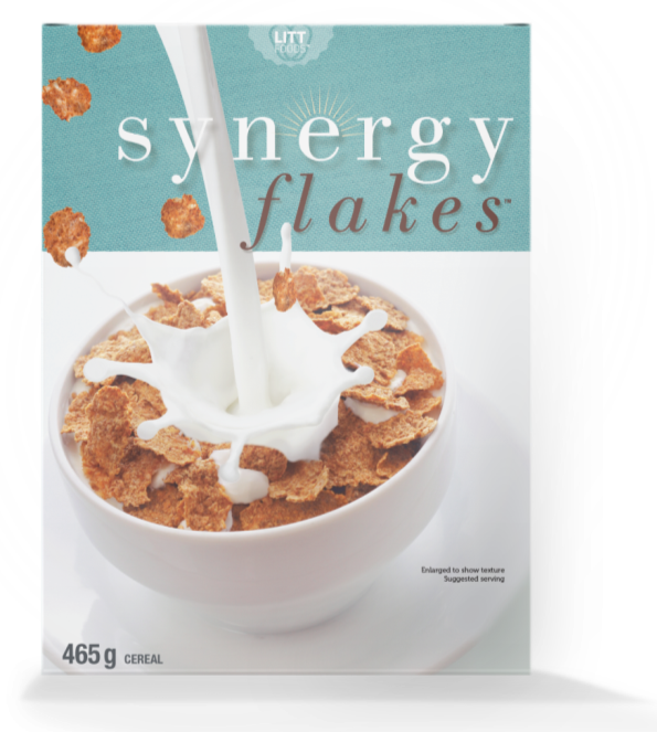 There is an image of the front panel of a cereal box called Synergy Flakes. This cereal has no FOP nutrition symbol. 