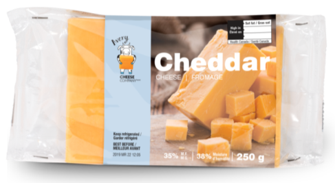 There is an image of a packaged block of cheddar cheese with the balck rectangle FOP nutrition symbol with the Health Canada attribution indicating that the product is high in saturated fat.