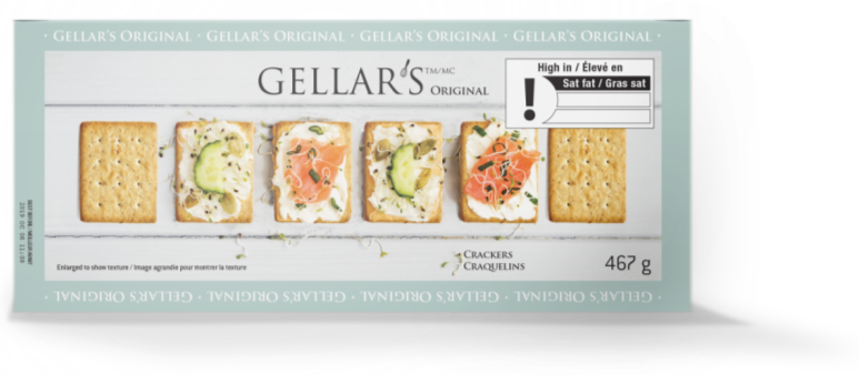 There is an image of a box of crackers called Gellar's. In the top right corner is the exclamation point nutrition symbol without the Health Canada attribution indicating that the product is high in saturated fat. 