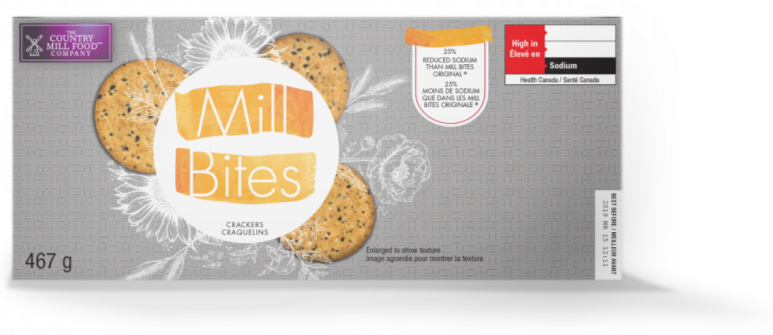 There is an image of a box of crackers called Mill Bites. In the top right corner is the red rectangle nutrition symbol with the Health Canada attribution indicating that the product is high in sodium. To the left of the nutrition symbol is the claim 25 % reduced sodium than Mill Bites original.