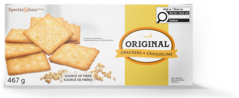 There is an image of a box of crackers called Original. In the top right corner is the magnifying glass nutrition symbol without the Health Canada attribution indicating that the product is high in saturated fat and sodium. At the bottom of the box is the claim source of fibre.