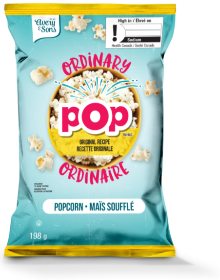 There is an image of the front panel of a bag of popcorn called Ordinary Pop. In the top right corner is the exclamation point nutrition symbol with the Health Canada attribution indicating that the product is high in sodium. 
