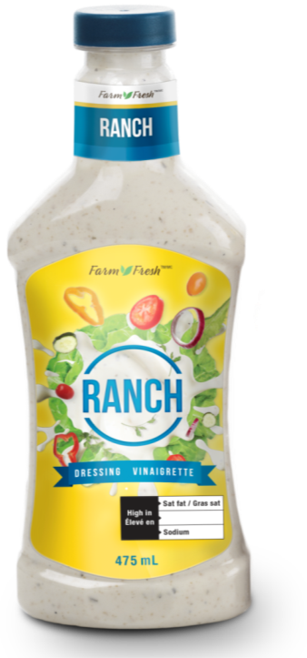 There is an image of the front panel of a bottle of Ranch salad dressing. In the bottom right corner is the black rectangle nutrition symbol without the Health Canada attribution indicating that the product is high in saturated fat and sodium.