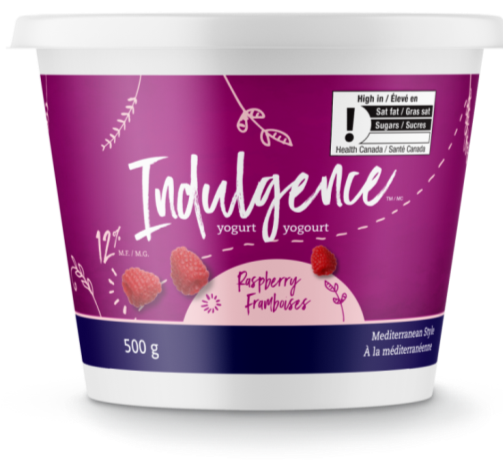 There is an image of the front panel of a yogurt container called Indulgence. In the top right corner is the exclamation point nutrition symbol with the Health Canada attribution indicating that the product is high in saturated fat and sugars. 