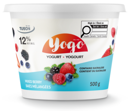 There is an image of the front panel of a yogurt container called Yogo. In the top right corner is the magnifying glass nutrition symbol with the Health Canada attribution indicating that the product is high in saturated fat. 