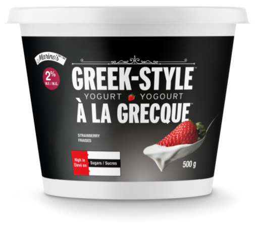 There is an image of the front panel of a yogurt container called Greek Style Yogourt. In the bottom left corner is the red rectangle nutrition symbol without the Health Canada attribution indicating that the product is sugars. 