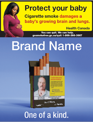 A picture of a cigarette package with the message: Protect your baby. Cigarette smoke damages a baby’s growing brain and lungs.