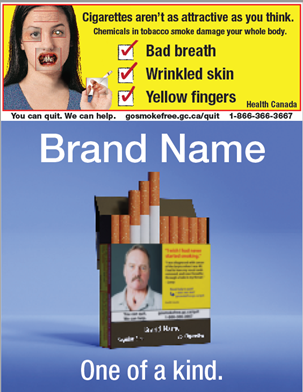 A picture of a cigarette package with the message: Cigarettes aren’t as attractive as you think. Chemical sin tobacco smoke damage your whole body. Bad breath. Wrinkled skin. Yellow fingers.